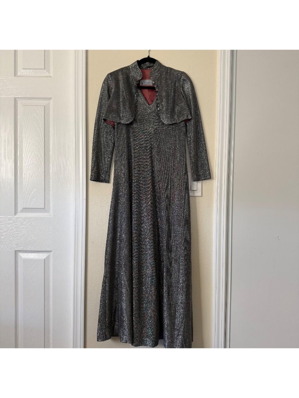 Vintage Dress Maker Japanese Silver Metallic Maxi Dress W/Cropped Jacket Sz S